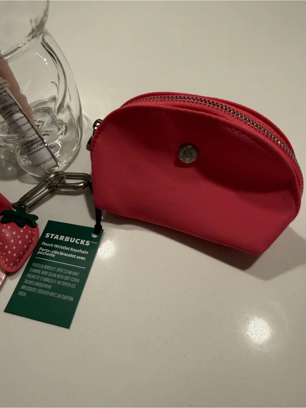 Starbucks Bundle Strawberry Bearista Cup and Wristlet Pouch with Charm Keyring